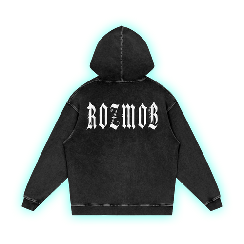 Back of the Midnight Gothic hoodie, ROZMOB in white gothic blackletter