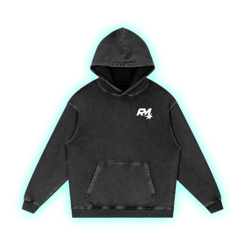 Washed black ROZMOB hoodie, front, small RM star logo at the left chest
