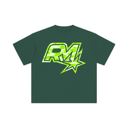 Dark green ROZMOB tee, front, RM star logo filled with lime camo