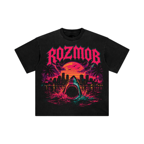 Washed black Apex Predator tee, ROZMOB lettering over a shark and pink sunset skyline