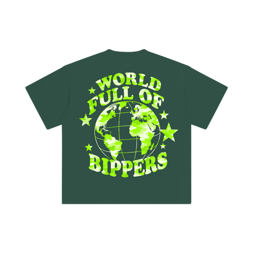 Back of the dark green tee, World Full of Bippers globe and stars in lime camo
