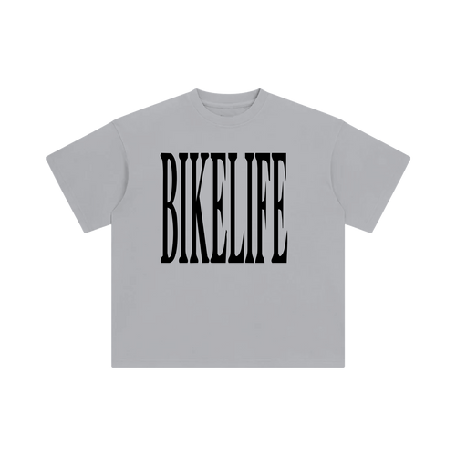 Stonewashed gray ROZMOB tee, front, BIKELIFE in tall black letters across the chest